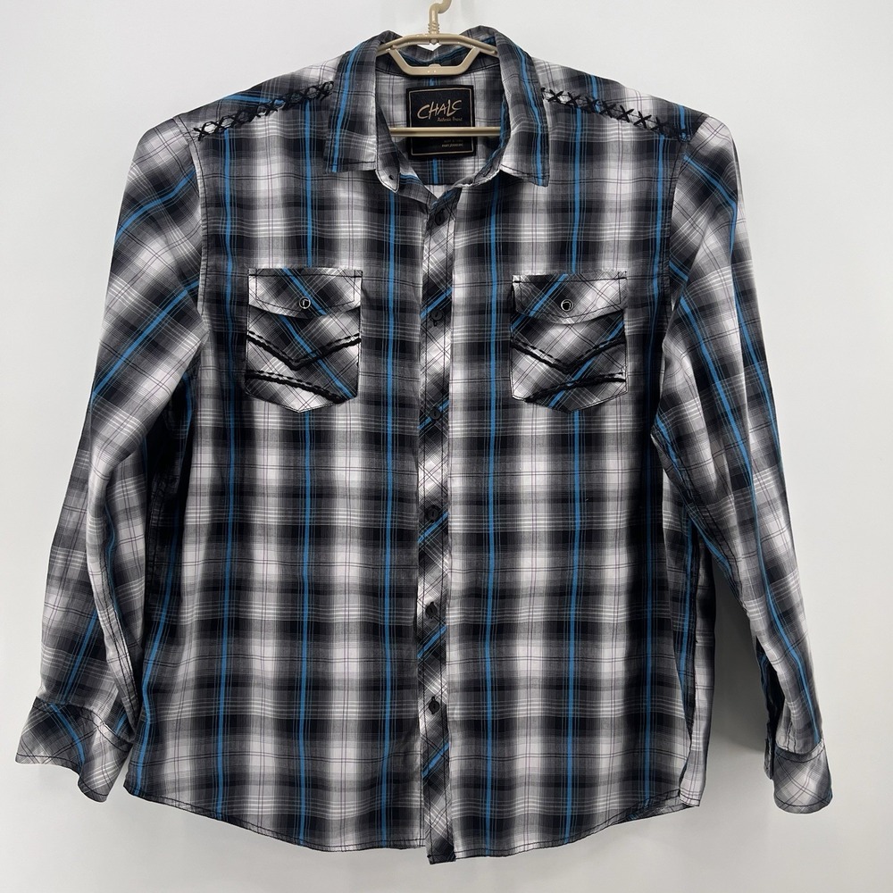 Chalc Mens Black‎ Blue Plaid Long Sleeve Button Down Casual Shirt Size XXL